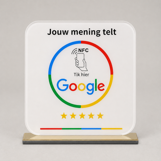 Premium Google Review Display met goudkleurige voet