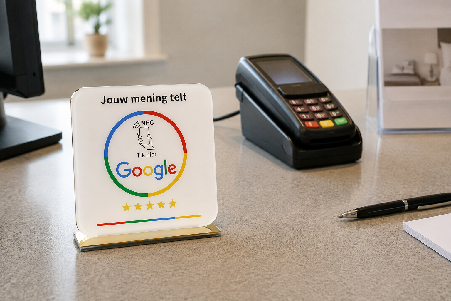 Google Review Display naast een betaalterminal