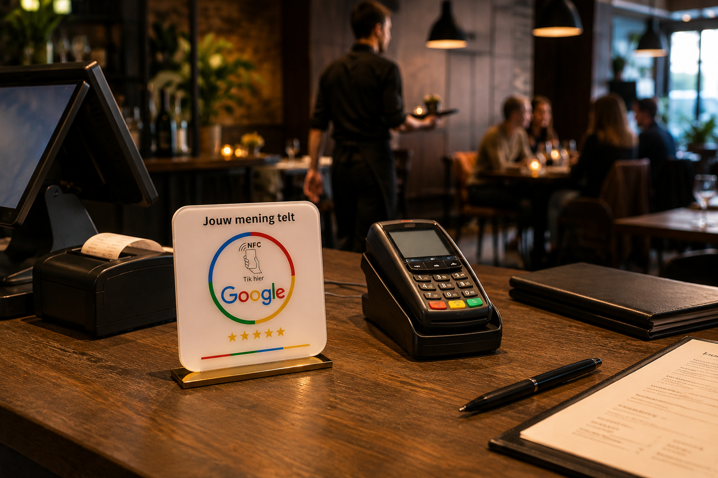 Premium Google Review Display op de balie van een restaurant