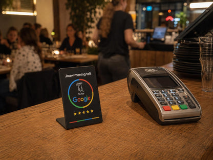 Google Review Display Zwart op de bar van een restaurant