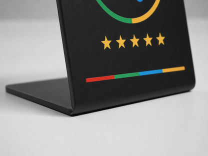 Detail van de voet van het Google Review Display Zwart