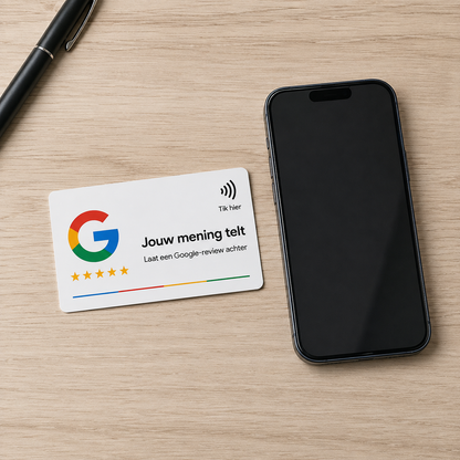 Herbruikbare Google Reviewkaart naast een smartphone