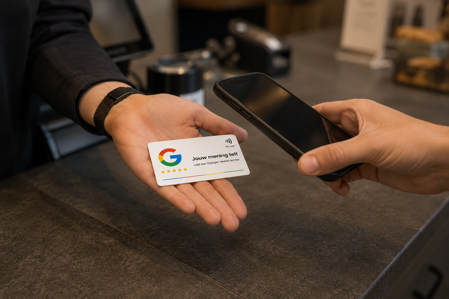 Medewerker toont een NFC-reviewkaart aan een klant