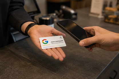 Medewerker toont een NFC-reviewkaart aan een klant