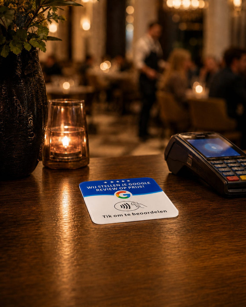 Reviewtje baliebordje op een restauranttafel bij kaarslicht